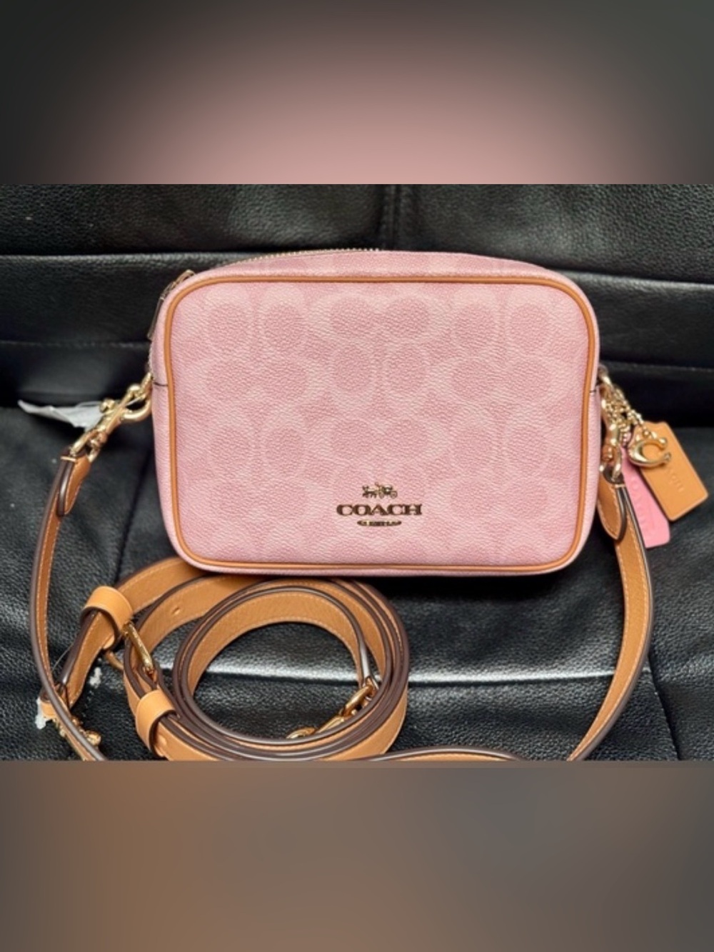 Coach Pink Signature mini Carey Crossbody with Tan Trim